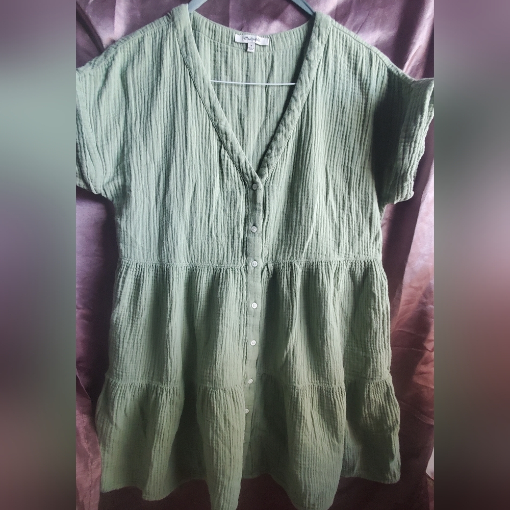 Madewell Lightspun Cuff-Sleeve Button-Front Tiered Mini Dress - Sage Green SizeM